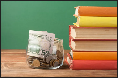 Picture of cash in a jar and a stack of books 